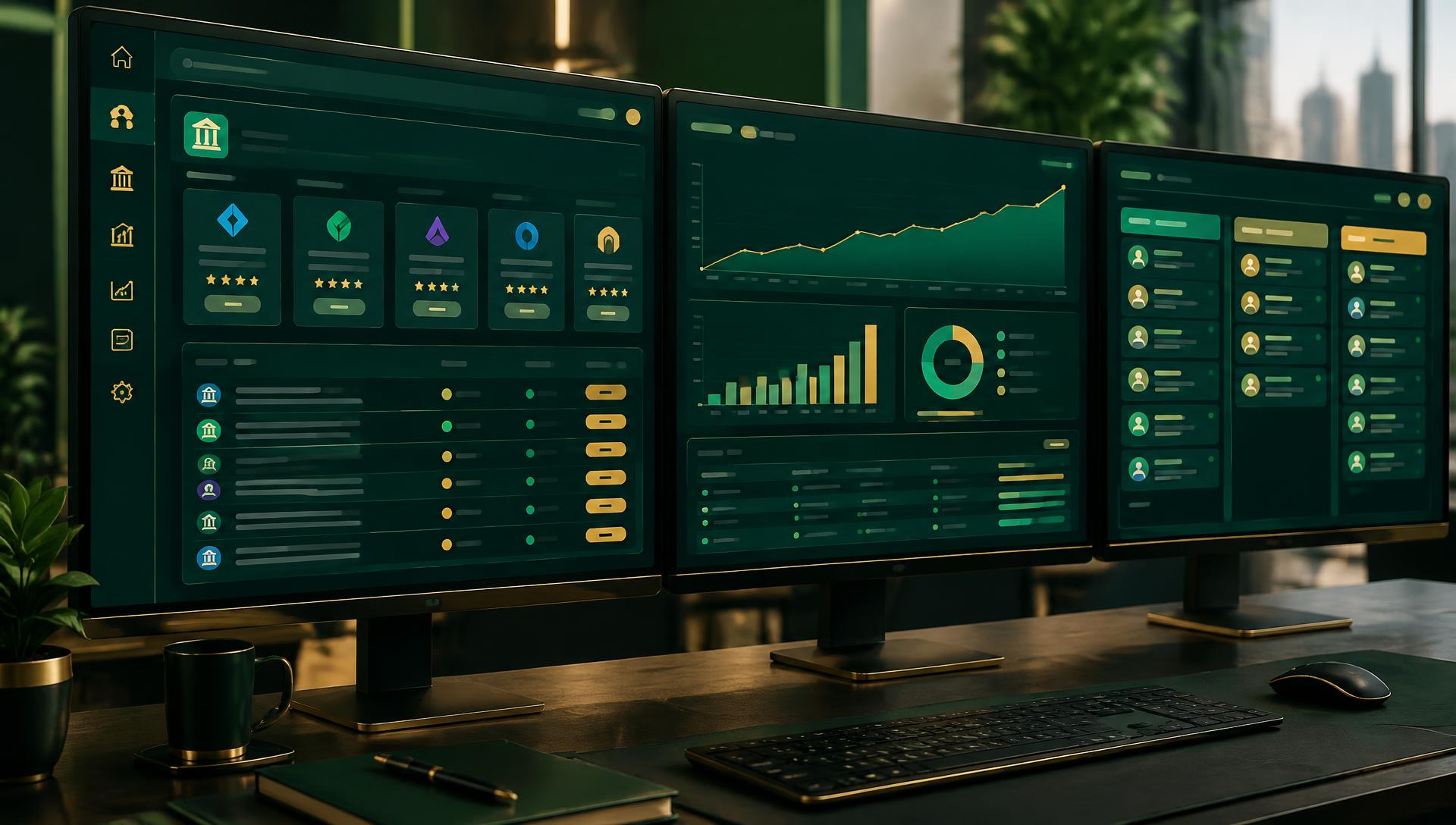 Commercial financing analysis and lender matching dashboards in an office